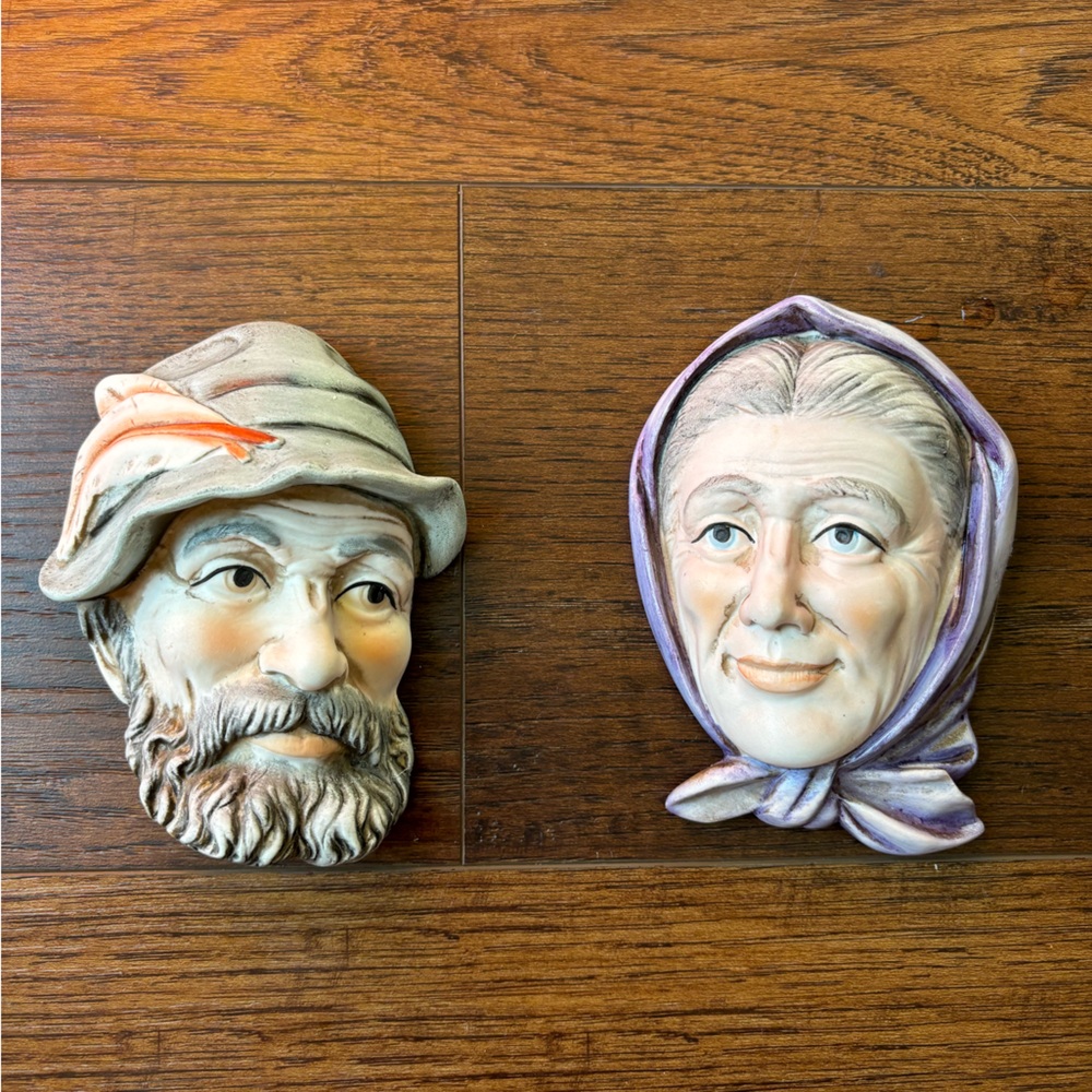 Lefton Pair Woman & Man Head Face German Wall Plaques 5238 Vintage Ceramic 1960s
